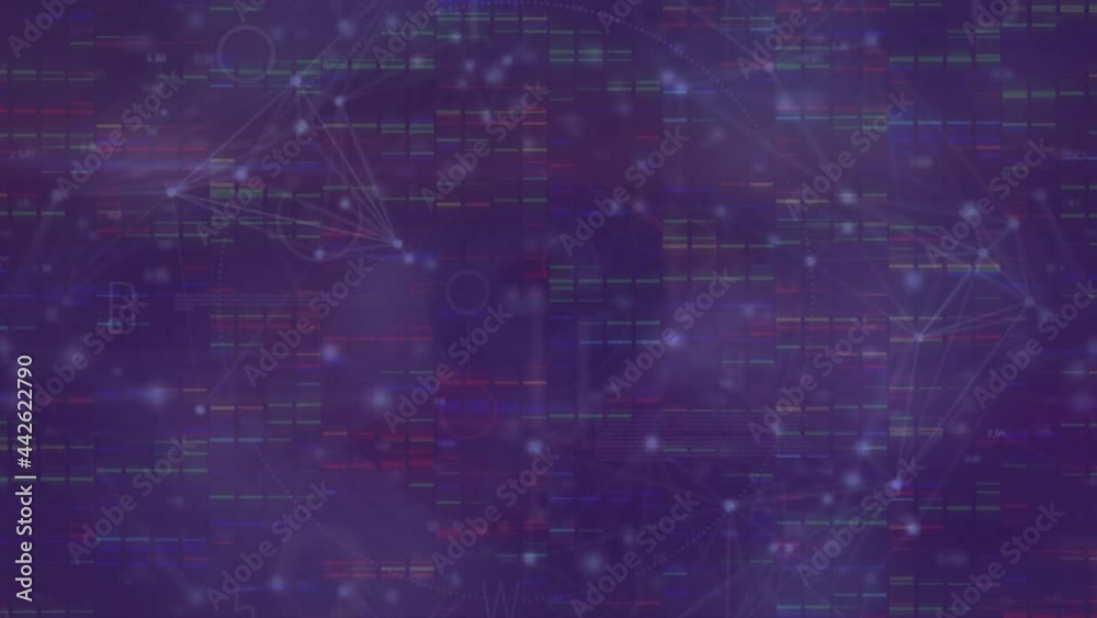 Animation of network of connections and data processing on purple screen Animation of network of connections and data processing on purple screen