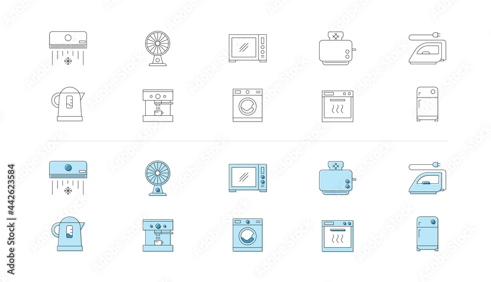 Household appliances and electronics icons set