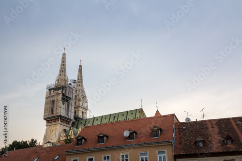 Zagrebacka Katedrala, also known as Zagreb cathedral, seen at dusk from Kaptol district. This isthe biggest catholic church of Croatia and a major landmark of the croatian capital city. ..