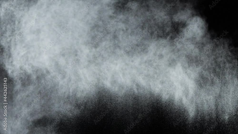 Animation of purple light trails falling over white powder floating on black background Animation of purple light trails falling over white powder floating on black background