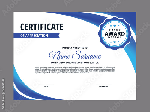 Certificate Template with Blue Curve Element Design, Blue Abstract Certificate Layout Vector