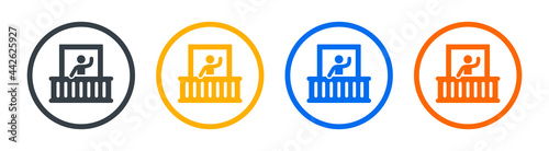 Man standing on balcony, window from home icon. Vector illustration.