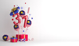 Malaysia independence day decoration background with 31 balloon number gift box, firework rocket, confetti, copy space text, 3D rendering illustration