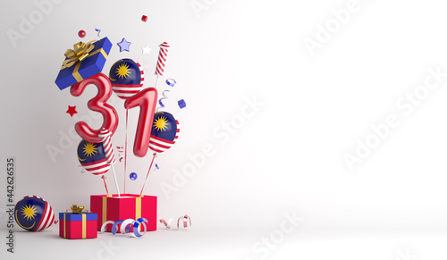 Malaysia independence day decoration background with 31 balloon number gift box, firework rocket, confetti, copy space text, 3D rendering illustration photo
