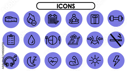 Paquete de iconos minimalistas de ejercicio, vida diaria, alimentos y salud circulo lila