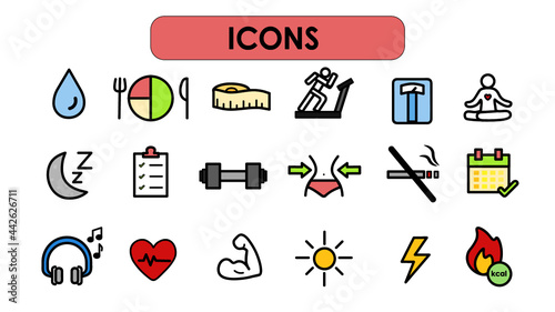 Paquete de iconos minimalistas de ejercicio, vida diaria, alimentos y salud color