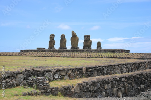 Moai at Ahu Vai Ure at the Tahai Ceremonial Complex on Easter Island, Chile