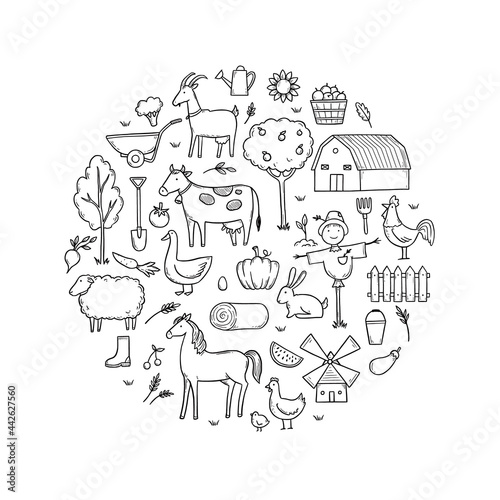 Hand drawn set farm animal, horse, cow, farmer food. Doodle sketch style. Agriculture life background, icon. Isolated vector illustration.