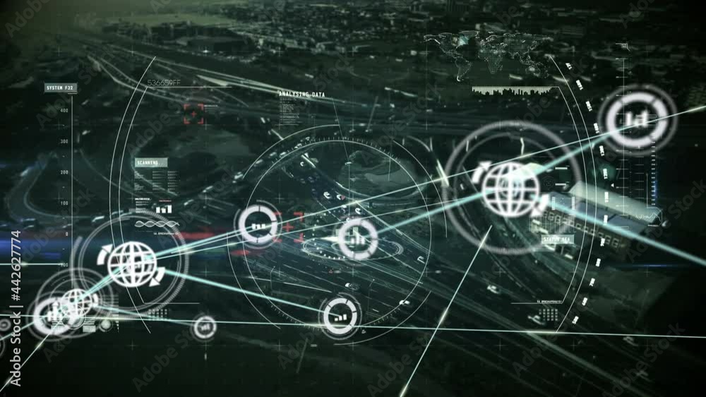 Animation of network of connections with icons over cityscape Animation of network of connections with icons over cityscape