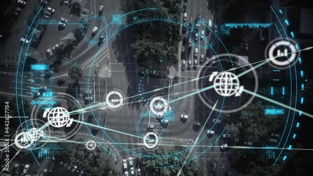 Animation of network of connections with icons over cityscape Animation of network of connections with icons over cityscape