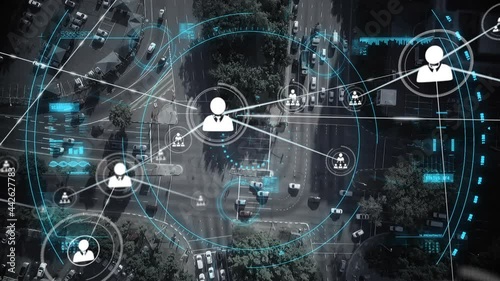 Wallpaper Mural Animation of network of connections with icons over cityscape Torontodigital.ca