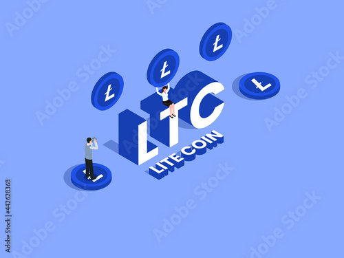 Cryptocurrency vector concept. Two traders analyzing Litecoin value while investing in Cryptocurrency