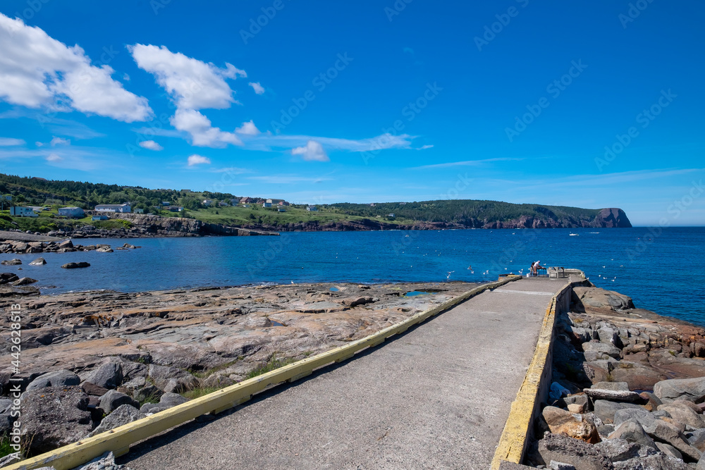 A concret wharf with yellow trim and two boat moorings juts out into the still ocean water.  The blue sky and clouds are reflecting in the ocean water. There's land with trees in the background. 