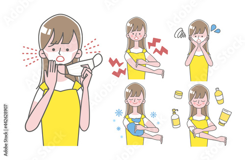 日焼けでマスク跡と半袖跡が残り困る女性イラスト