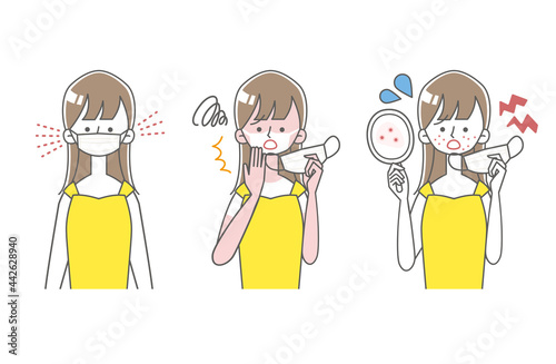 マスクによる肌荒れに困る女性のイラスト