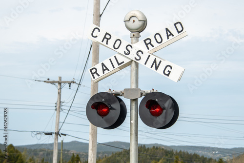 Railway crossing railroad sign made of white wood with black lettering. Below the sign are two red lights with flashers surrounded by black reflectors. The background is blue sky, mountains, and trees