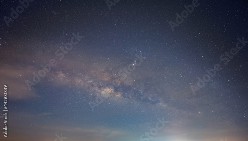 Panorama blue night sky milky way and star on dark background.with noise and grain.Photo by long exposure and select white balance.