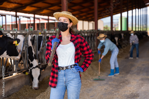 Portrait of young positive woman farmer wearing face mask for disease and air pollution protection working in cowshed at dairy farm © JackF