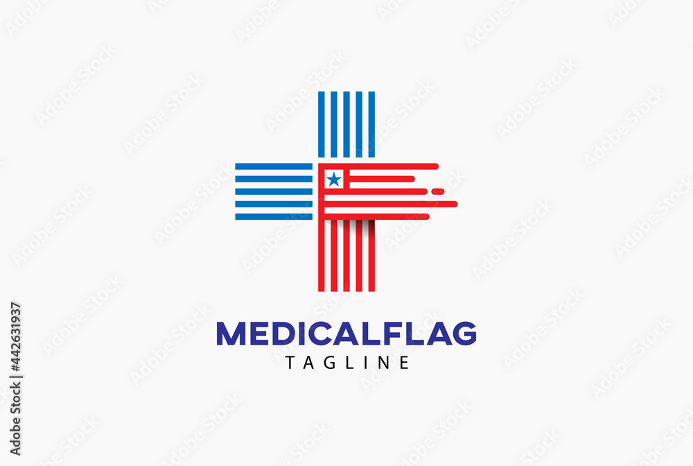Medical Logo, Flag with Cross icon combination, isolated on white background, flat design logo template element, vector illustration
