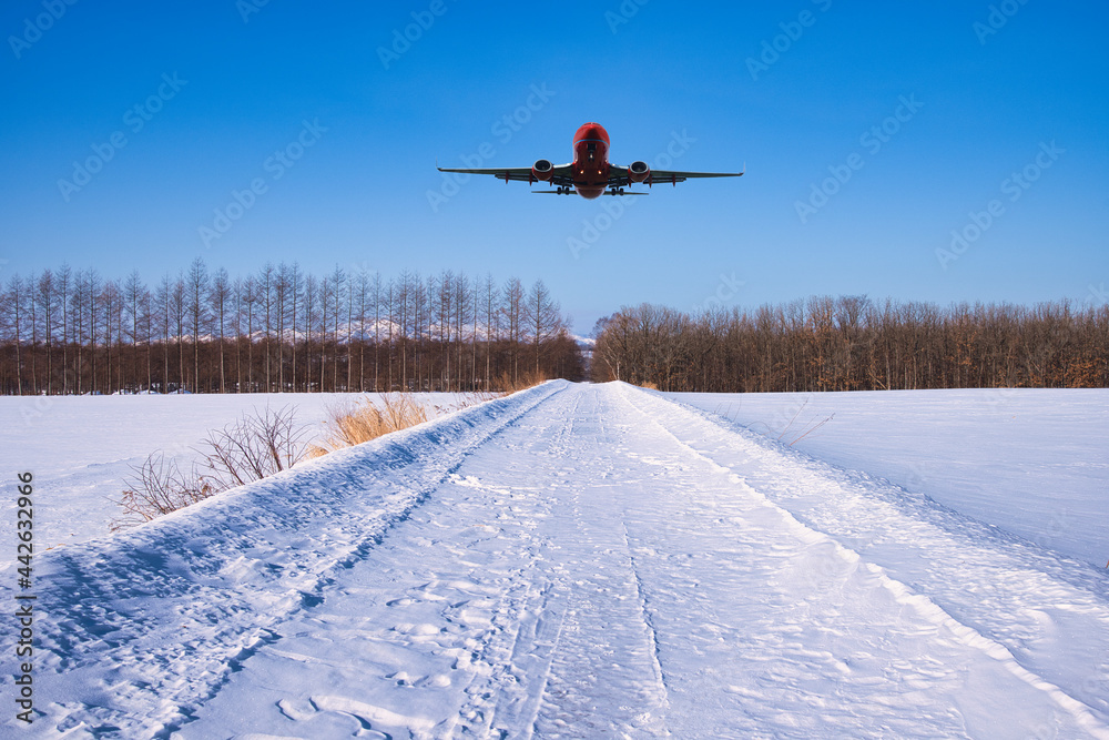 Obraz premium 帯広郊外の雪原と飛行機合成