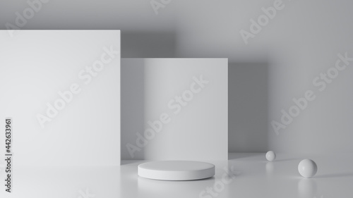 Product white display and Pedestal for display concept.Blank product stand with geometrical form on white background for new product,banner,sale,cosmetic,presentation.with copy space.3D render