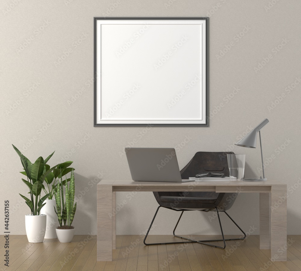 The working room is decorated with furniture with picture frames on the wall. The working room is decorated with furniture with picture frames on the wall.