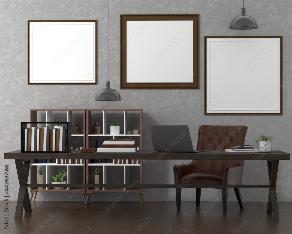 The working room is decorated with furniture with picture frames on the wall. The working room is decorated with furniture with picture frames on the wall.