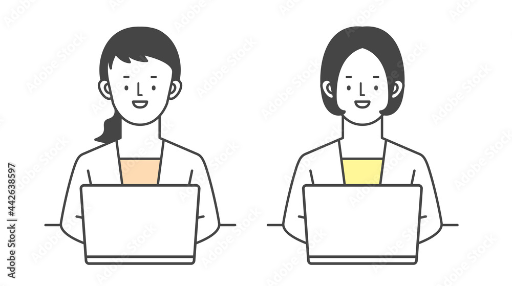 ノートパソコンを使う若い女性ビジネスマン Illustration of a young female businessman using a laptop. ノートパソコンを使う若い女性ビジネスマン Illustration of a young female businessman using a laptop.