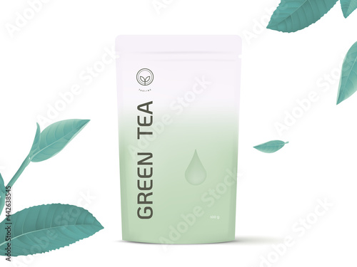 Product mockup template design, green tea bag decorated with green tea leaves