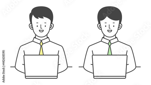 ノートパソコンを使う若い男性ビジネスマン　Illustration of a young male businessman using a laptop. 