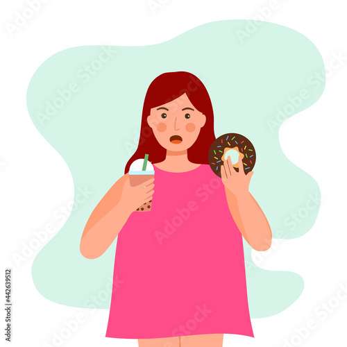 Overweight woman enjoy eating donut and sweet milk tea drink in flat design.