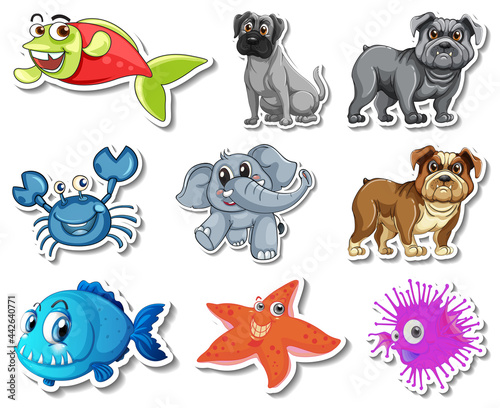 Set of stickers with sea animals and dogs cartoon character