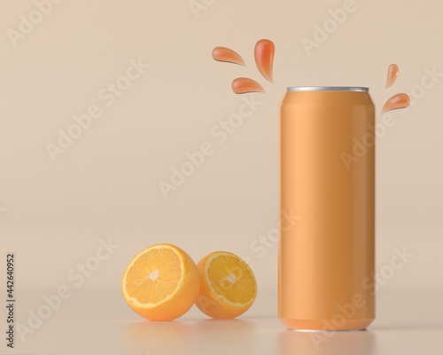 A cans of orange juice with oranges on a white background.