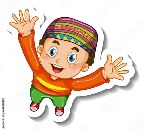 Sticker template with a muslim boy cartoon character isolated