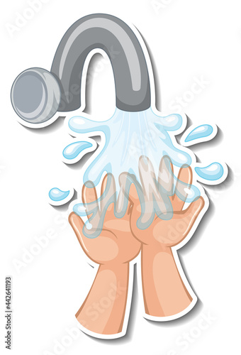 A sticker template of hands with water tap isolated