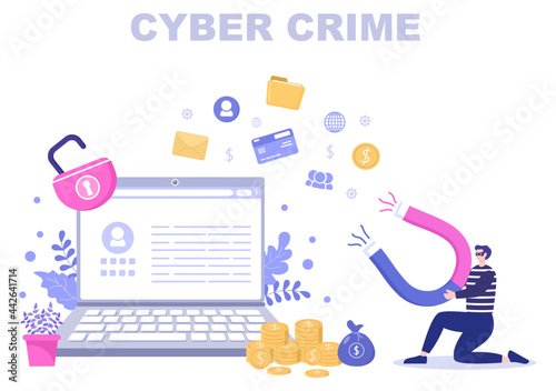 Cyber Crime Illustration Phishing Stealing Digital Data, Device System, Password, and Bank Document From the Computer