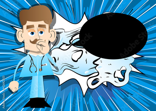Funny cartoon doctor with sympathy. Vector illustration. Health care worker with finger at his nose.