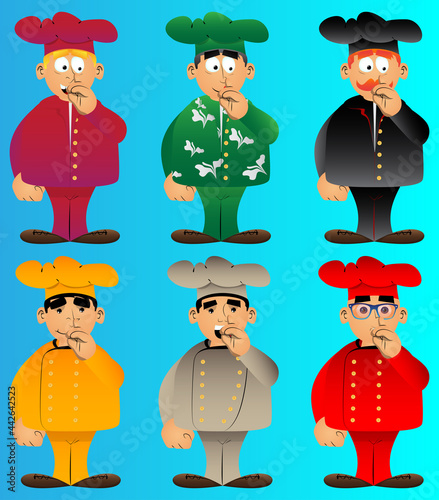 Fat male cartoon chef in uniform with sympathy. Vector illustration. Cook with figner on his nose.