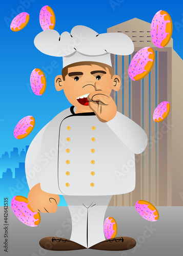Fat male cartoon chef in uniform with sympathy. Vector illustration. Cook with figner on his nose.