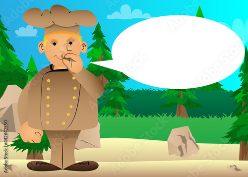 Fat male cartoon chef in uniform with sympathy. Vector illustration. Cook with figner on his nose.
