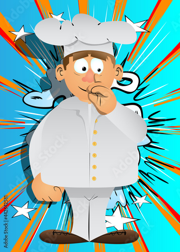 Fat male cartoon chef in uniform with sympathy. Vector illustration. Cook with figner on his nose.