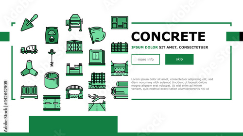 Concrete Production Landing Header Vector. Road And Foundation Concrete, Cement Bag And Spatula Tool, Bridge And Airport Runway Building Illustration