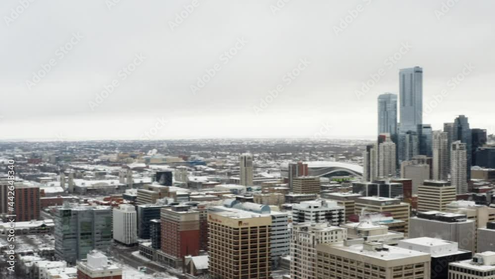 Aerial panoramic North to East view of snow cover empty vacant airport lot around Oliver Grandin Kingsway community of Downtown Edmonton Canada to the Government residential commercial High rises Aerial panoramic North to East view of snow cover empty vacant airport lot around Oliver Grandin Kingsway community of Downtown Edmonton Canada to the Government residential commercial High rises