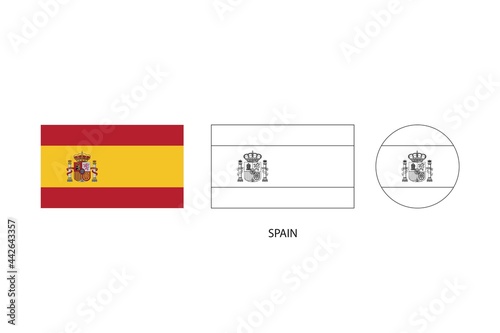 Spain flag 3 versions, Vector illustration, Thin black line of rectangle and the circle on white background.