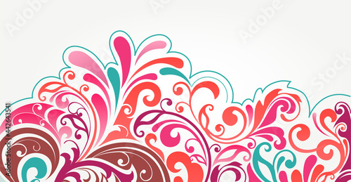 Luxurious floral batik background. Floral decoration curls illustration. Hand drawn paisley pattern elements. Vintage ornament, pattern.