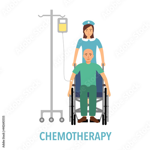 Man patient on wheelchair with cancer chemotherapy treatment in flat design on white background.
