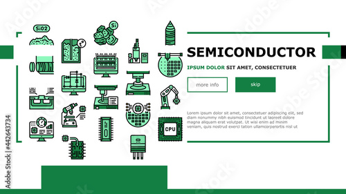 Semiconductor Manufacturing Plant Landing Header Vector. Installation Semiconductor On Board And Testing, Test Computer Screen And Digital Equipment Illustration