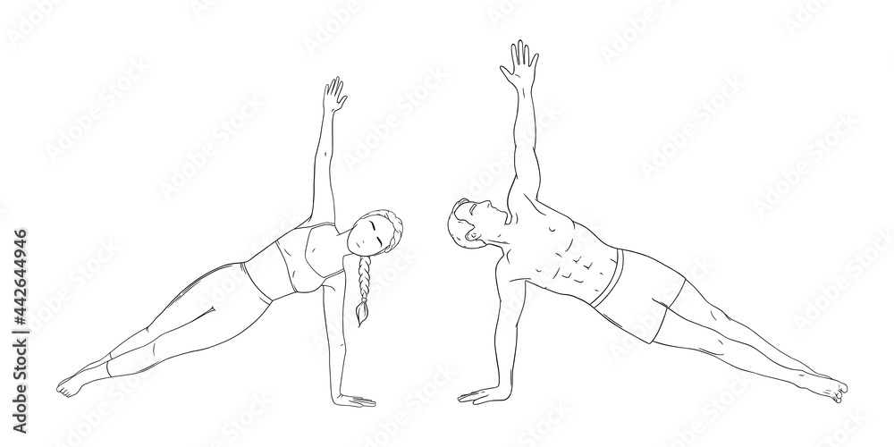 Woman and man in side plank pose. Yogi couple in vasisthasana isolated in white background. Sketch vector illustration isolated in white background
