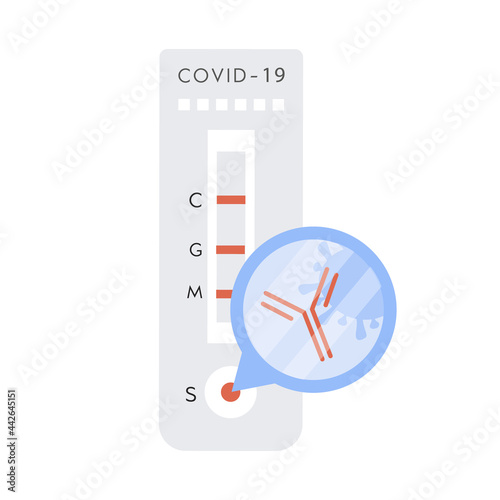 Covid-19 Rapid test with Antibodies and bacteria sign. Coronavirus Express test with Positive result. Vector Illustration isolated on background.
