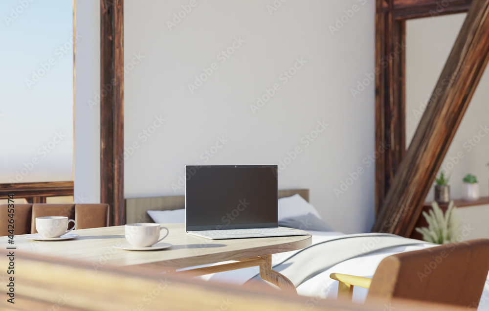 Office with furniture, work desk and laptop Office with furniture, work desk and laptop